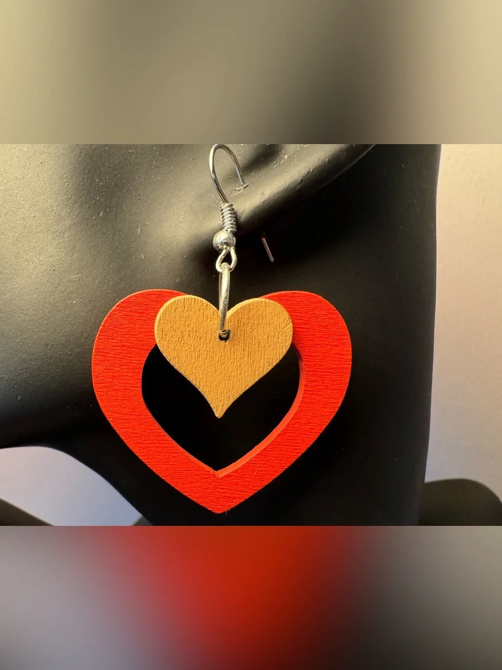 Red and Tan Heart Drop Earrings